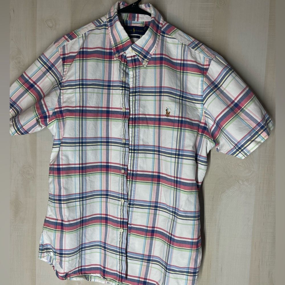 Ralph Lauren slim fit white pink plaid short sleeve button front shirt, large